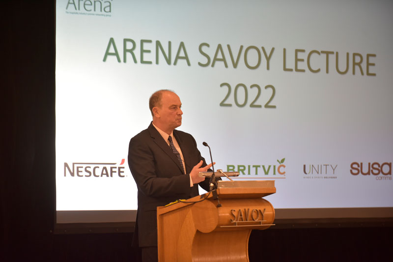 Robin Mills, Managing Director of Compass in the UK and Ireland speaking at the Arena Savoy Lecture 2022